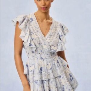 LOVESHACKFANCY Gwen Heirloom Print Cotton Mini Dress -Whisper Blue, NWT XS